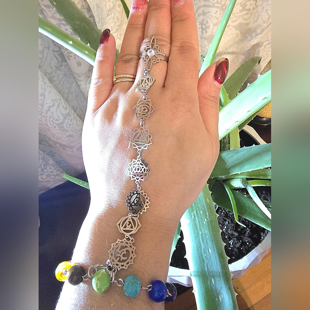 7 chakras slave stainless steel bracelet & ring, clear zirconia stone, one size